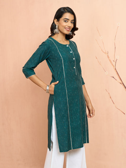 Women's Green Cotton Ikkat Kurta